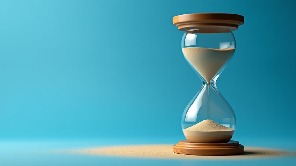  an hourglass filled with sand flowing steadily. isolated on blue background with copy space. tracking time concept