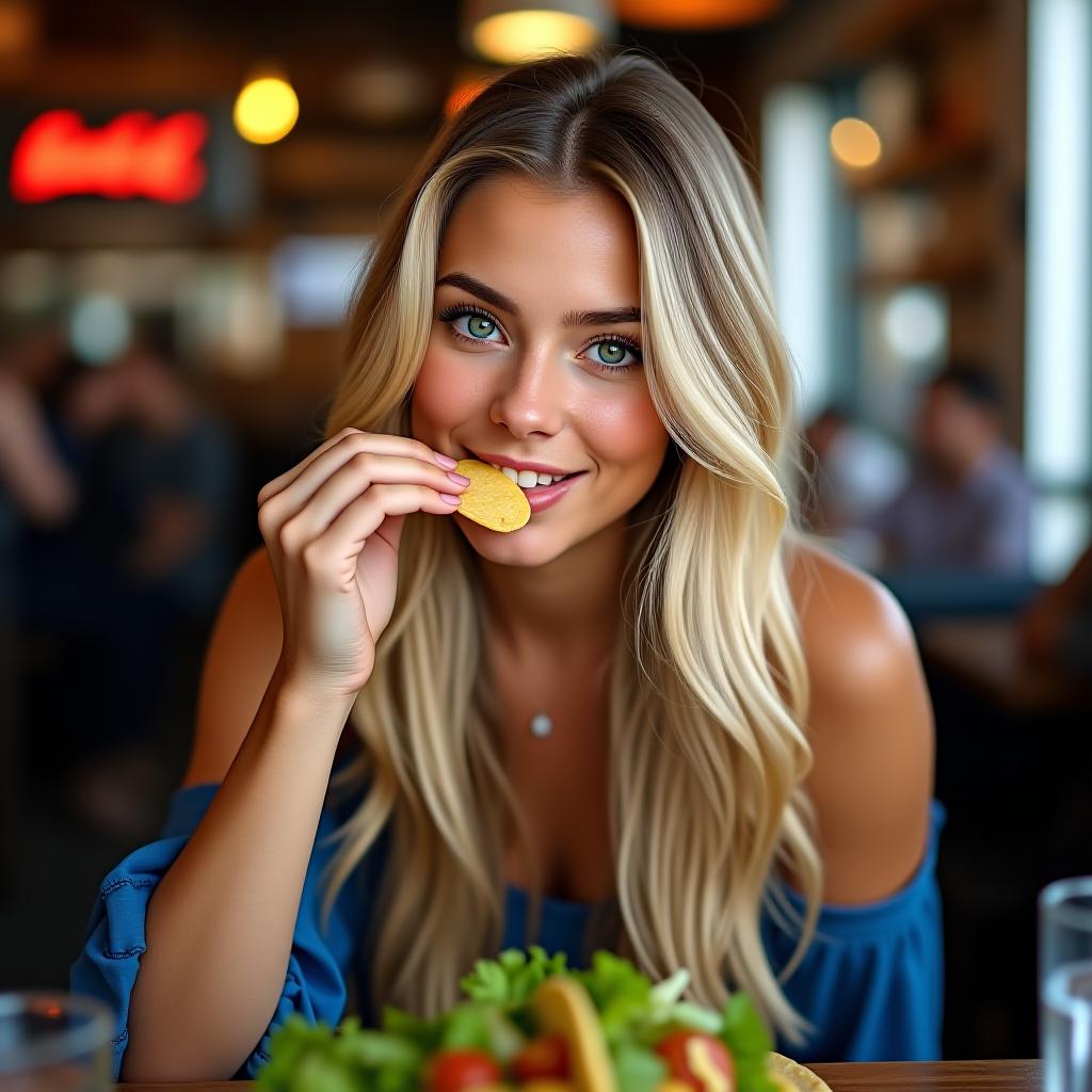  make an image of a long blonde haired woman and tan olive skin with green brown eyes dressed in blue eating one taco at the restaurant