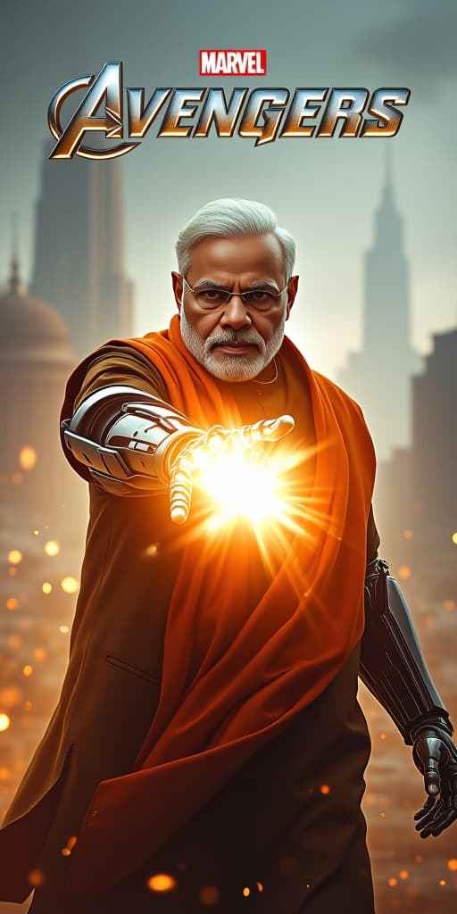  a hyper realistic movie poster titled "indian avengers" featuring narendra modi as a cyborg robot. he launches a powerful hand attack on ultron, his mechanical arm glowing with intense energy. modi’s face, part human and part robotic, is determined as the force of the strike sends shockwaves through the scene. the background shows a futuristic cityscape with indian architecture, with the title "indian avengers" prominently displayed above.