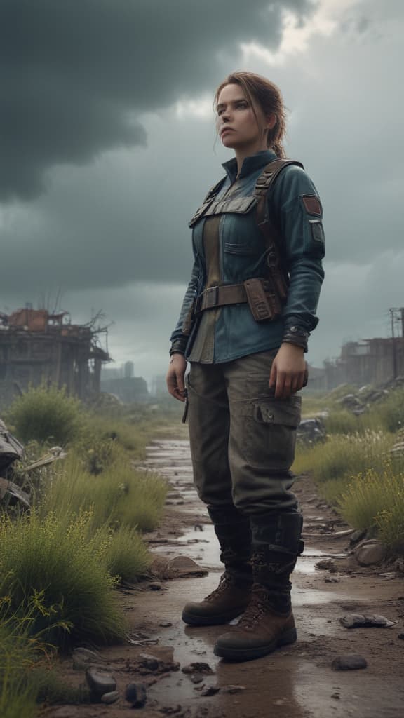 ((masterpiece)),(((best quality))), 8k, high detailed, ultra detailed, a post apocalyptic wasteland, abandoned ruins, overgrown vegetation, (scavenging survivors), (ominous storm clouds) hyperrealistic, full body, detailed clothing, highly detailed, cinematic lighting, stunningly beautiful, intricate, sharp focus, f/1. 8, 85mm, (centered image composition), (professionally color graded), ((bright soft diffused light)), volumetric fog, trending on instagram, trending on tumblr, HDR 4K, 8K