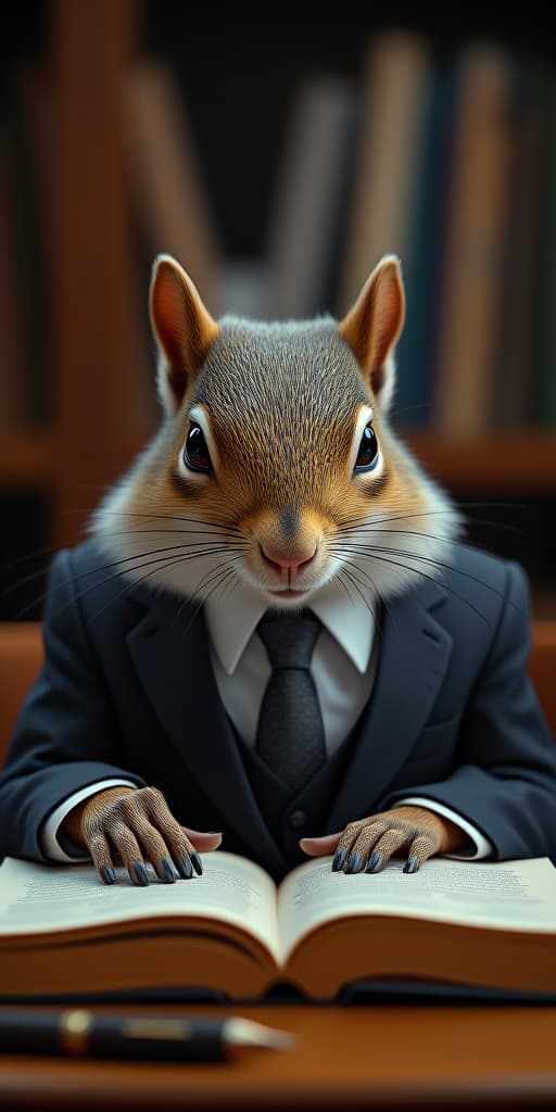  a focused squirrel in a well fitted suit is seen carefully reading a book at a desk, symbolizing study and diligence., high quality, high details, hd, perfect composition, 4k epic detailed, highly detailed, sharp focus, high resolution