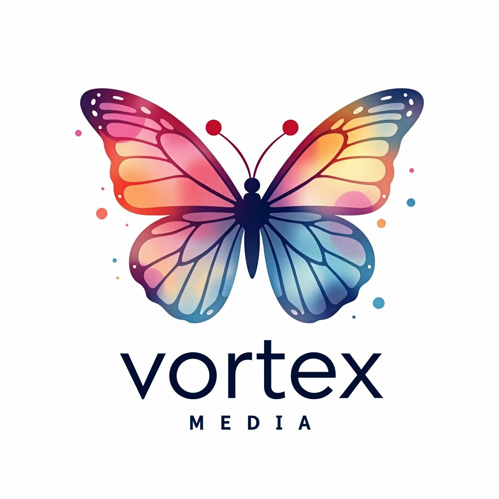  design a logo, watercolor style, logo of a butterfly, beautiful colors, with the text 'vortex media'.