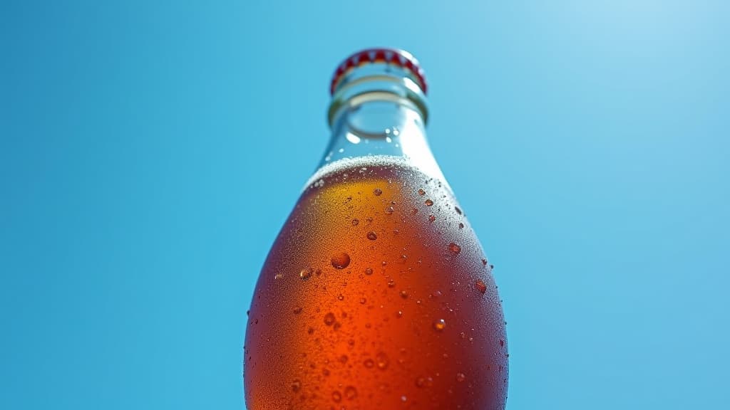  a bottletop view of a soda bottle, adorned with water droplets, against a backdrop of a clear, blue sky