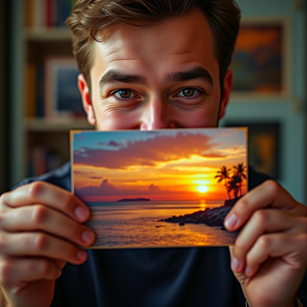  photographic, 8k, masterpiece, high quality, detailed, clear facial features, clear visible teeth, detailed eyes, max holds a vibrant postcard showing a picture of a beautiful sunset over an exotic location. the back of the postcard is visible with handwritten words. hyperrealistic, full body, detailed clothing, highly detailed, cinematic lighting, stunningly beautiful, intricate, sharp focus, f/1. 8, 85mm, (centered image composition), (professionally color graded), ((bright soft diffused light)), volumetric fog, trending on instagram, trending on tumblr, HDR 4K, 8K