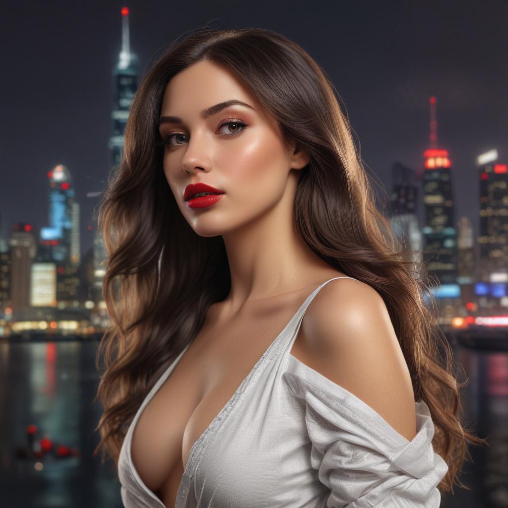 ((masterpiece)), (((best quality))), 8k, high detailed, ultra detailed, A sexy woman, (seductive look), (long flowing hair), (red lipstick), (high heels), (city skyline in the background) hyperrealistic, full body, detailed clothing, highly detailed, cinematic lighting, stunningly beautiful, intricate, sharp focus, f/1. 8, 85mm, (centered image composition), (professionally color graded), ((bright soft diffused light)), volumetric fog, trending on instagram, trending on tumblr, HDR 4K, 8K