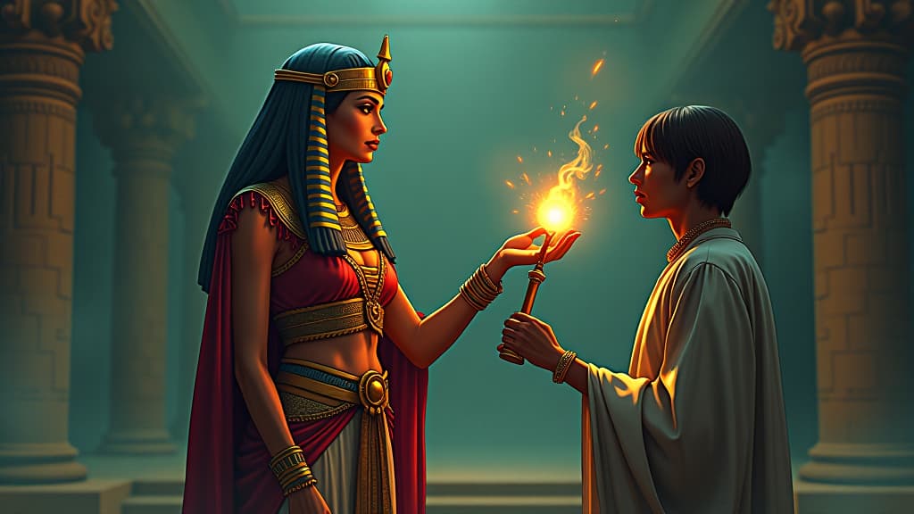  a comic book style draw of an ancient goddess offering a glowing ankh to a person, sense of audacity and reward, atmosphere of being unapologetically oneself. the style is digital art illustration / modern comic book / mysterious occult, symbolic, esoteric vibe,high detail on character design, incorporating ancient egyptian symbology and attire. hyperrealistic, full body, detailed clothing, highly detailed, cinematic lighting, stunningly beautiful, intricate, sharp focus, f/1. 8, 85mm, (centered image composition), (professionally color graded), ((bright soft diffused light)), volumetric fog, trending on instagram, trending on tumblr, HDR 4K, 8K