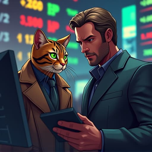  in a bustling trading floor backdrop, hemule, the stylish tabby cat, confers with cartoon chris hemsworth. hemule's green eyes gleam with a rebellious edge as they analyze bullish crypto trading charts. the scene rendered in ultra realistic detail with comic book flair captures hemule's charisma and tough demeanor amidst the vibrant market atmosphere. hyperrealistic, full body, detailed clothing, highly detailed, cinematic lighting, stunningly beautiful, intricate, sharp focus, f/1. 8, 85mm, (centered image composition), (professionally color graded), ((bright soft diffused light)), volumetric fog, trending on instagram, trending on tumblr, HDR 4K, 8K