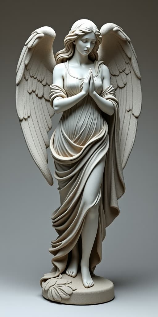  good quality, high quality, a full body stone statue of a beautiful female angel, with wings wrapping around her in an artistic way with micro derailing