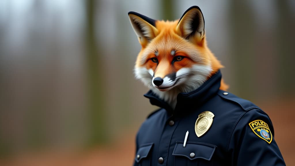  image of fox predator wearing policeman suit outdoors