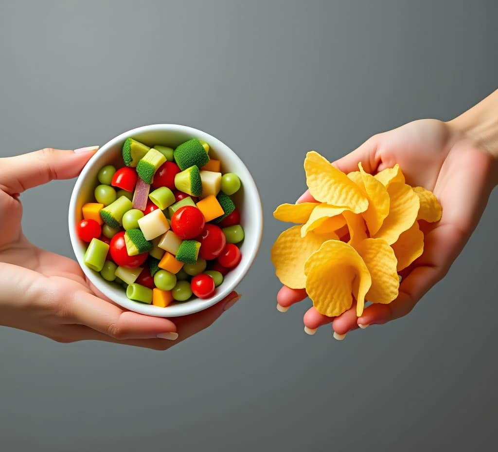  one hand holding bowl of vegetable salad, other holding chips. healthy natural organic fresh vegetarian food vs unhealthy processed fast junk food. lunch or snack decision