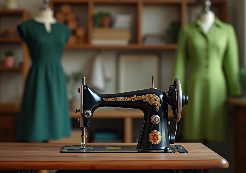  vintage retro old antique sewing machine placed in a room interior next to the green dress. home workshop studio equipment for a tailor textile designer craft, fabric clothing industry