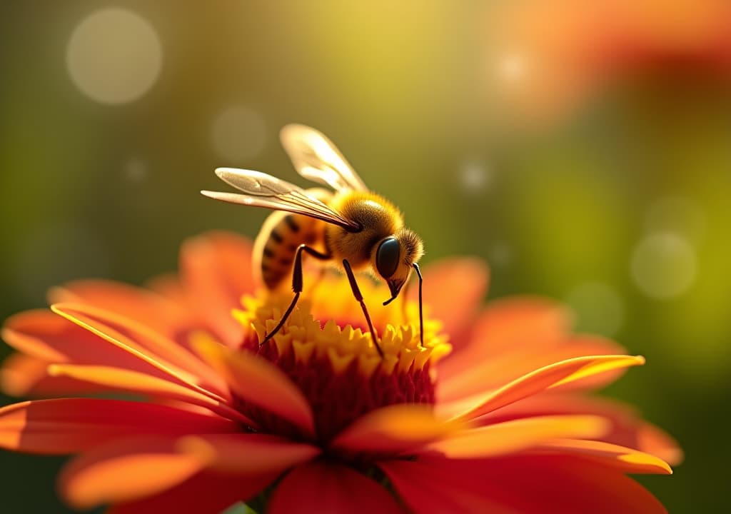  a close up of a yellow jacket perched on a vibrant flower, surrounded by soft sunlight filtering through leaves, with ethereal wisps of energy swirling around, symbolizing spiritual connection and nature's harmony. hyperrealistic, full body, detailed clothing, highly detailed, cinematic lighting, stunningly beautiful, intricate, sharp focus, f/1. 8, 85mm, (centered image composition), (professionally color graded), ((bright soft diffused light)), volumetric fog, trending on instagram, trending on tumblr, HDR 4K, 8K