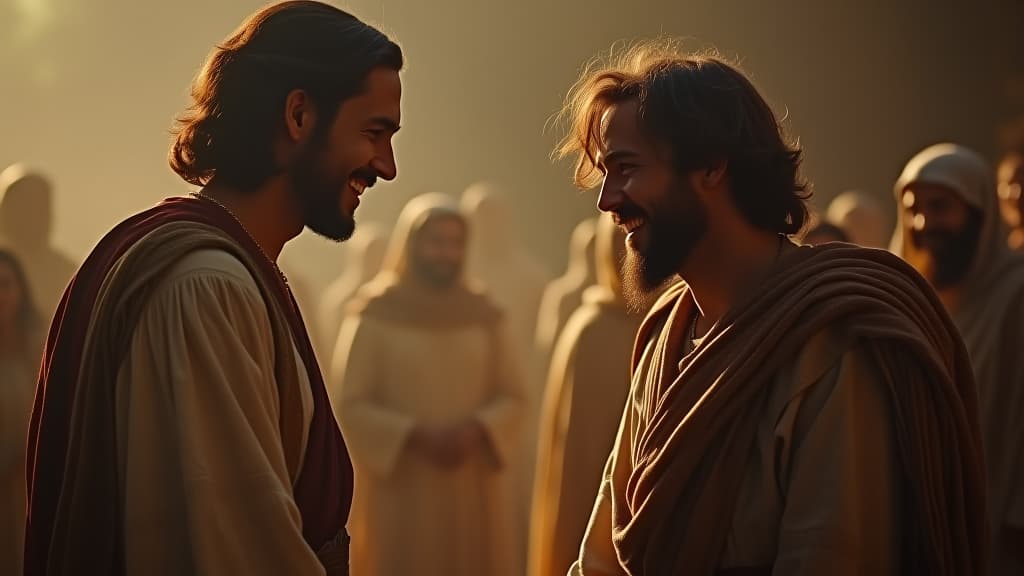  history of biblical times, the servant recognizing rebecca, joy and excitement showing on his face as he greets her. hyperrealistic, full body, detailed clothing, highly detailed, cinematic lighting, stunningly beautiful, intricate, sharp focus, f/1. 8, 85mm, (centered image composition), (professionally color graded), ((bright soft diffused light)), volumetric fog, trending on instagram, trending on tumblr, HDR 4K, 8K