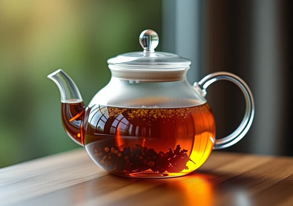  freshly brewed tea in glass teapot