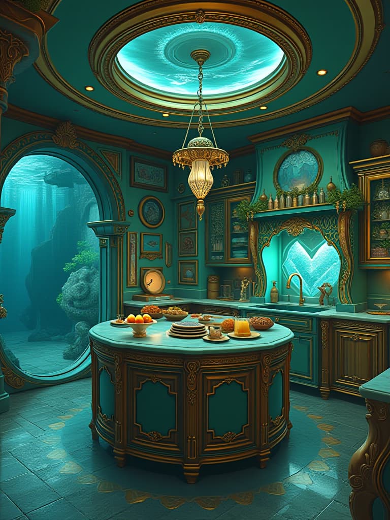  a luxurious mermaid mansion in the deep sea underwater mermaid kitchen . the house is round and metallic green and gold ver shiny . the kitchen is full of mermaid food . mermaid tales decor