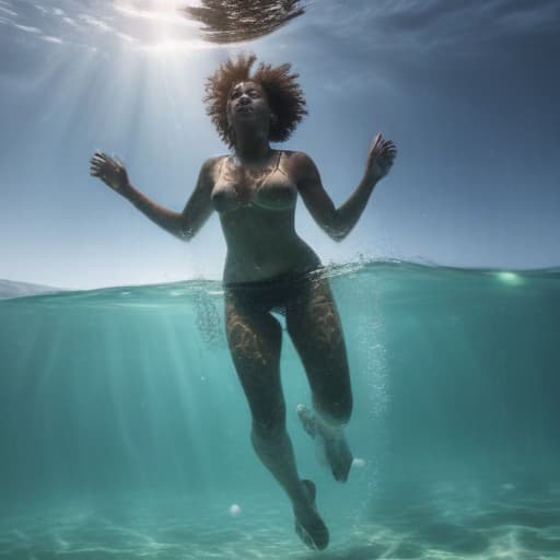 African woman in full growth going down underwater