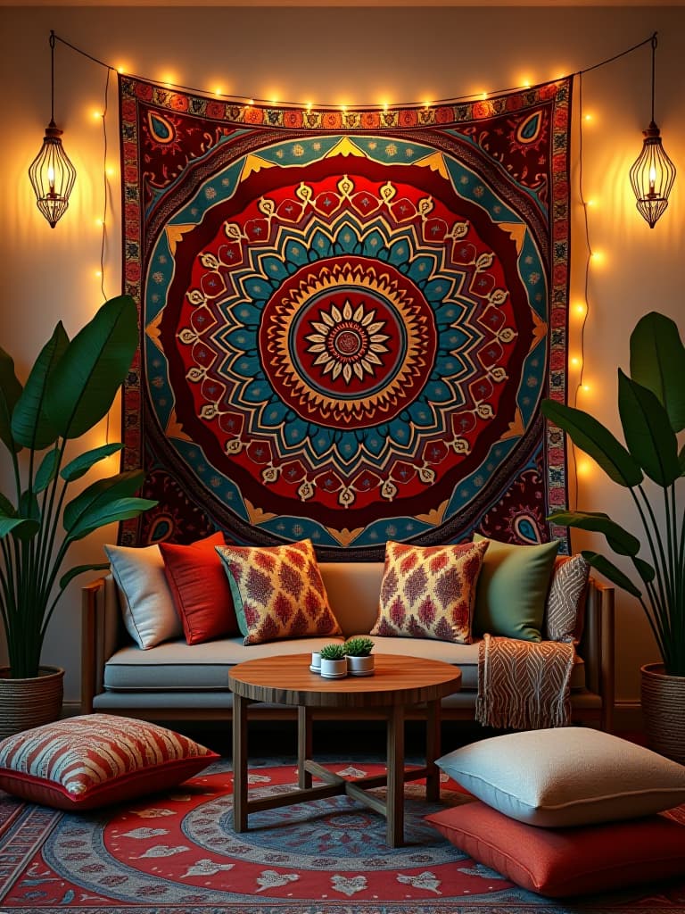  high quality portrait photo of a bohemian inspired living room with a large, colorful mandala tapestry as the centerpiece, surrounded by plants, floor cushions, and warm string lights hyperrealistic, full body, detailed clothing, highly detailed, cinematic lighting, stunningly beautiful, intricate, sharp focus, f/1. 8, 85mm, (centered image composition), (professionally color graded), ((bright soft diffused light)), volumetric fog, trending on instagram, trending on tumblr, HDR 4K, 8K