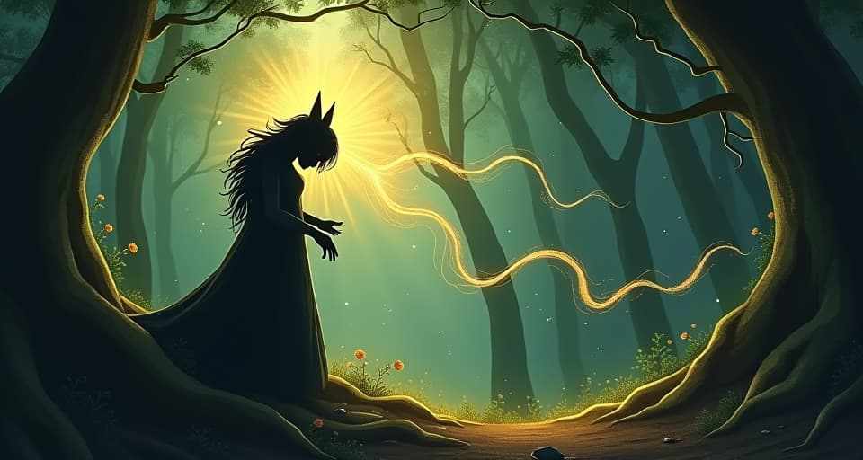  a shadowy character stuttering, their confidence unraveling into tendrils of light. enchanted forest, intense, transformative moment.. the style is digital art illustration,highly detailed, whimsical,magical, dreamlike atmosphere, realism and fantasy blend, smooth, glossy textures,luminous quality, wonder and enchantment.