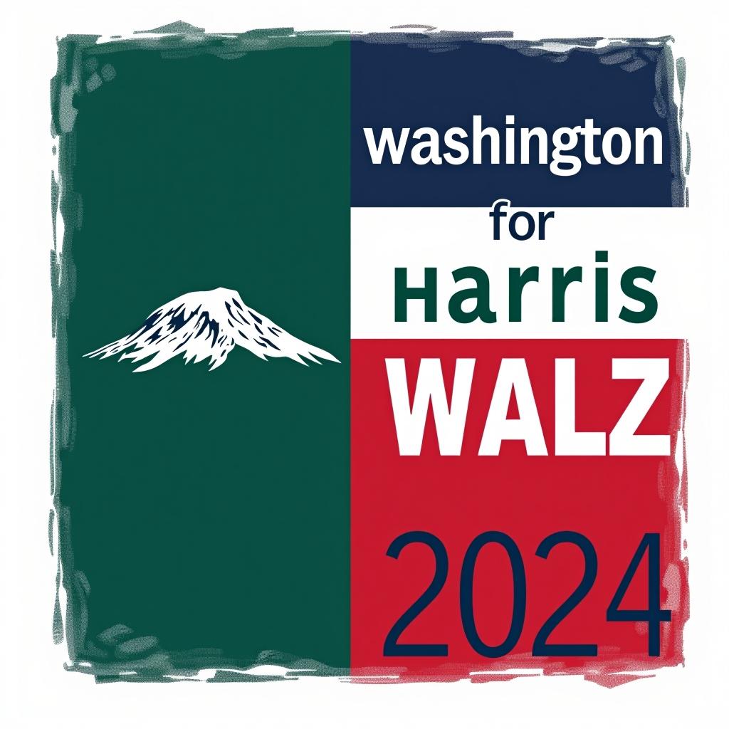  a tshirt design inspired by the washington state flag. the left side features a green vertical stripe with a large mountain in the center. the right side is divided into two horizontal sections: the top section is white with the text 'washington for' in bold, green, uppercase letters, and the bottom section is red with the text 'harris walz 2024' in bold, white, uppercase letters. the overall layout is clean and straightforward, with a clear and patriotic color scheme of blue, white, and red.