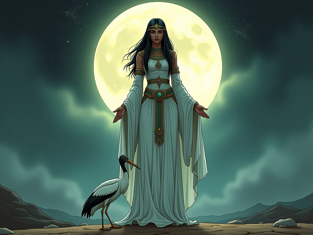  serene goddess, adorned in silken white robes, standing under the full moon, sacred ibis at her feet, tranquil and nurturing mood. the style is digital art illustration / modern comic book / mysterious occult, symbolic, esoteric vibe,high detail on character design, incorporating ancient egyptian symbology and attire.