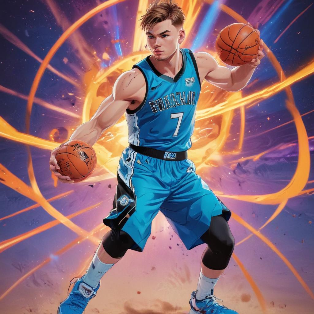 distance-shot, flashy, full-body, dynamic, holographic, animated cartoon poster of luka doncic in the style of dragon ball super