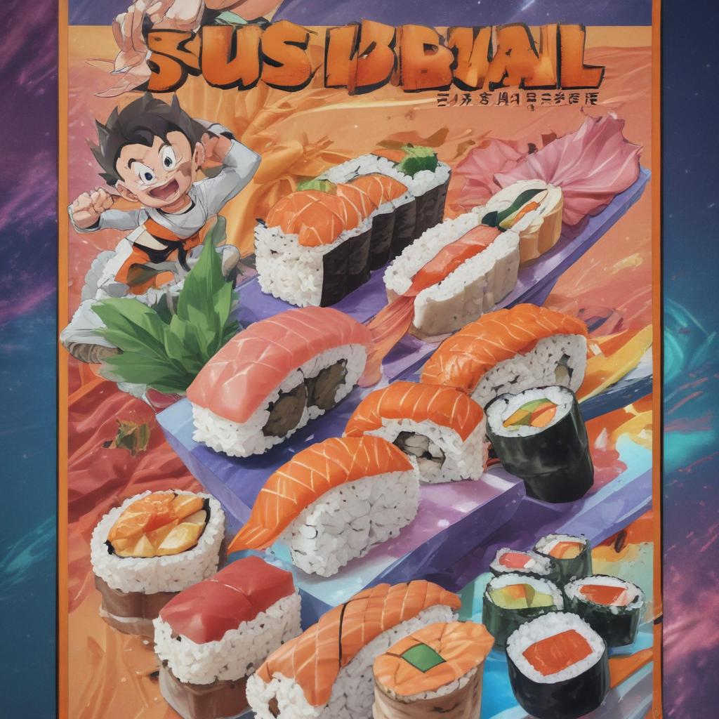 distance-shot, flashy, full-body, dynamic, holographic, animated cartoon poster of sushi scene in the style of dragon ball super