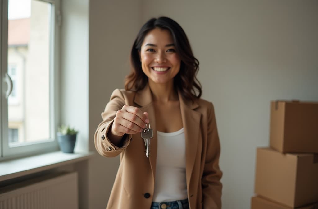  professional detailed photography, happy woman holding keys to apartment, standing in empty apartment, smiling, paper boxes nearby ar 3:2, (muted colors, dim colors, soothing tones), (vsco:0.3)