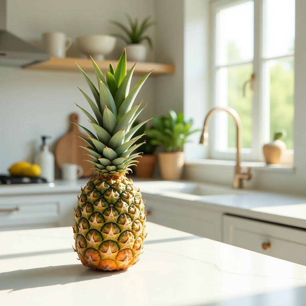  imagine a pineapple situated in a bright, tropical kitchen. the style is modern with minimalistic decor. the pineapple rests centrally on a white marble countertop, the composition highlighting its rough, diamond patterned skin and lush, green crown. natural sunlight streams through a large window, casting soft shadows and enhancing the vibrant yellow (rgb 255, 255, 0) of the pineapple against the neutral tones of the kitchen. the atmosphere is fresh and inviting, evoking a sense of summer warmth.