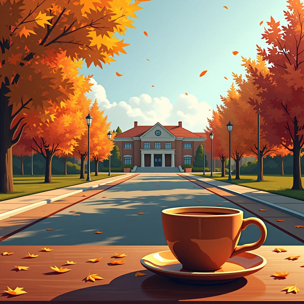  a picture on the theme of september 1st, autumn leaves, a road leading to an educational institution, and hot coffee.