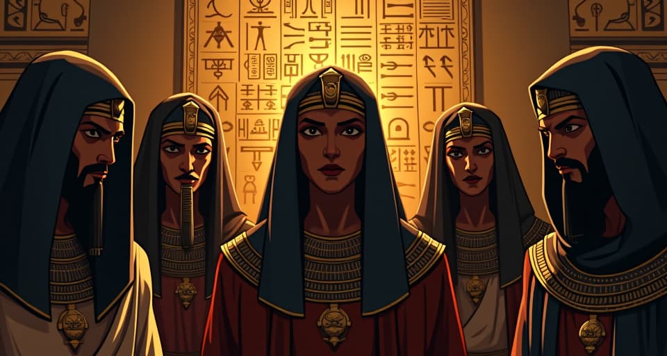  a group of egyptian scribes and nobles, eyes narrowing in suspicion, shadows cascading over their faces, illuminated hieroglyphs on the wall, a tense atmosphere of scrutiny. the style is digital art illustration / modern comic book / mysterious occult, symbolic, esoteric vibe,high detail on character design, incorporating ancient egyptian symbology and attire.