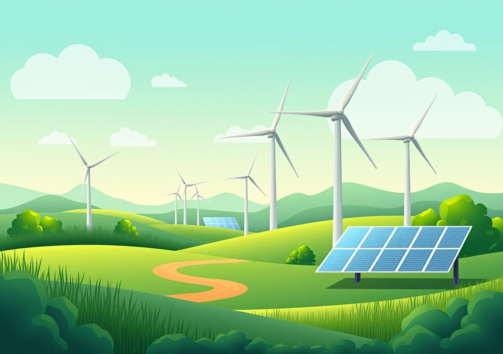  sustainability illustration set. esg, green energy, sustainable industry with windmills and solar energy panels. environmental, social, and corporate governance concept