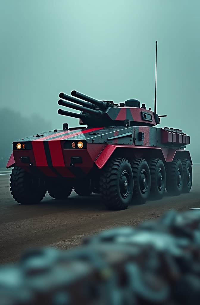  red four gun anti aircraft armored vehicle, futuristic russian soviet style, black with red stripes hyperrealistic, full body, detailed clothing, highly detailed, cinematic lighting, stunningly beautiful, intricate, sharp focus, f/1. 8, 85mm, (centered image composition), (professionally color graded), ((bright soft diffused light)), volumetric fog, trending on instagram, trending on tumblr, HDR 4K, 8K