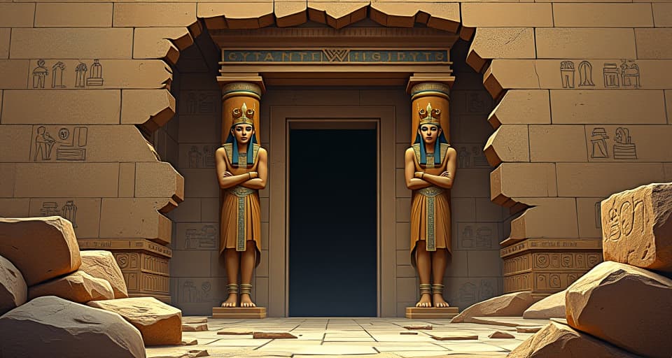  a crumbling stone façade of an ancient temple, hieroglyphs fading, structural disintegration, symbolizing fragile masks crumbling. the style is digital art illustration / modern comic book / mysterious occult, symbolic, esoteric vibe,high detail on character design, incorporating ancient egyptian symbology and attire.