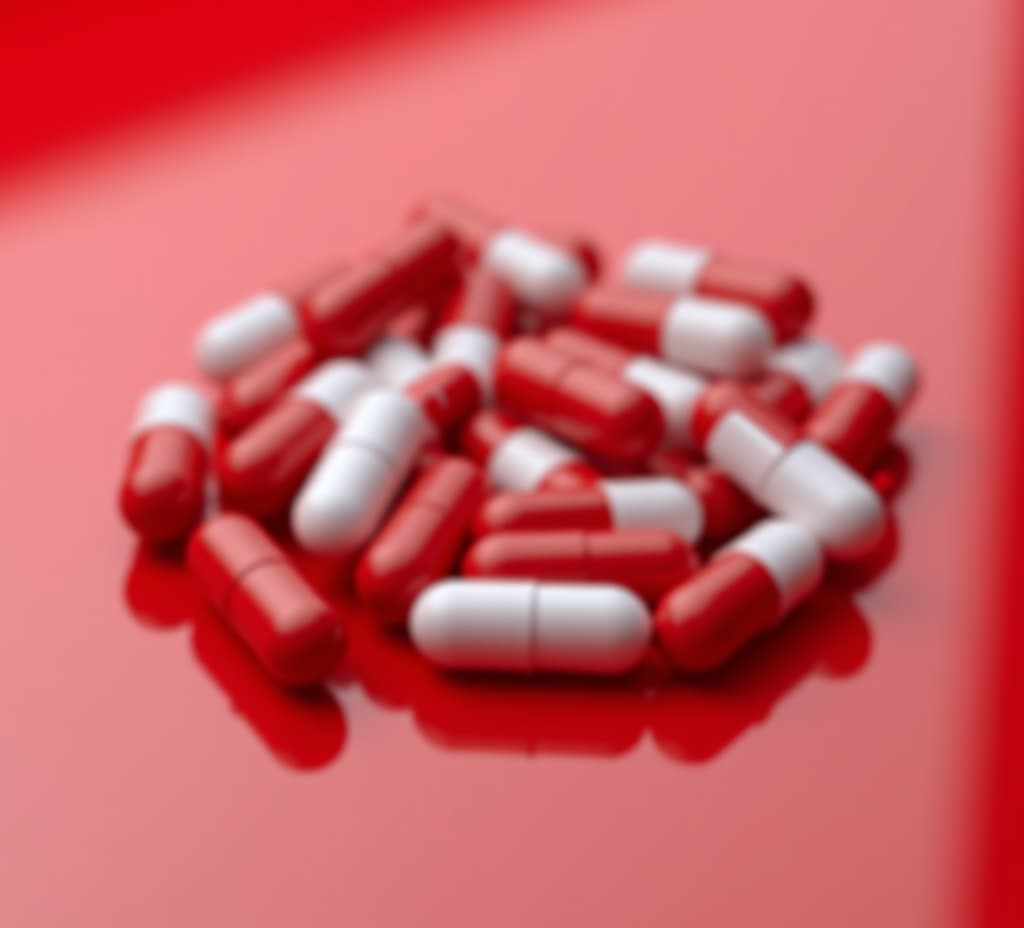  pile of glossy red and white capsule pills on a reflective red surface with a matching red background