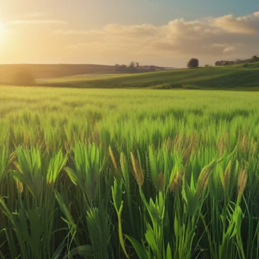 wide green barley with bright sunshine, like postcard, ((digital art 8K))