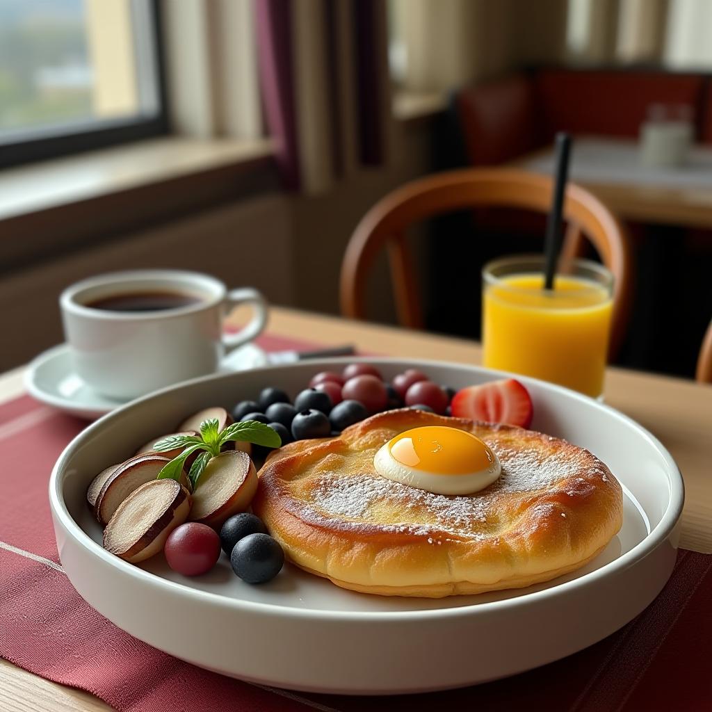  breakfast at the restaurant: syrniki.