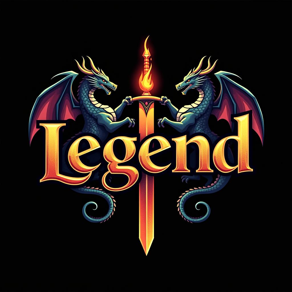  design a logo, custom sticker design on an isolated black background with the words ‘legend’ in bold font decorated by mythical dragons and a flaming sword