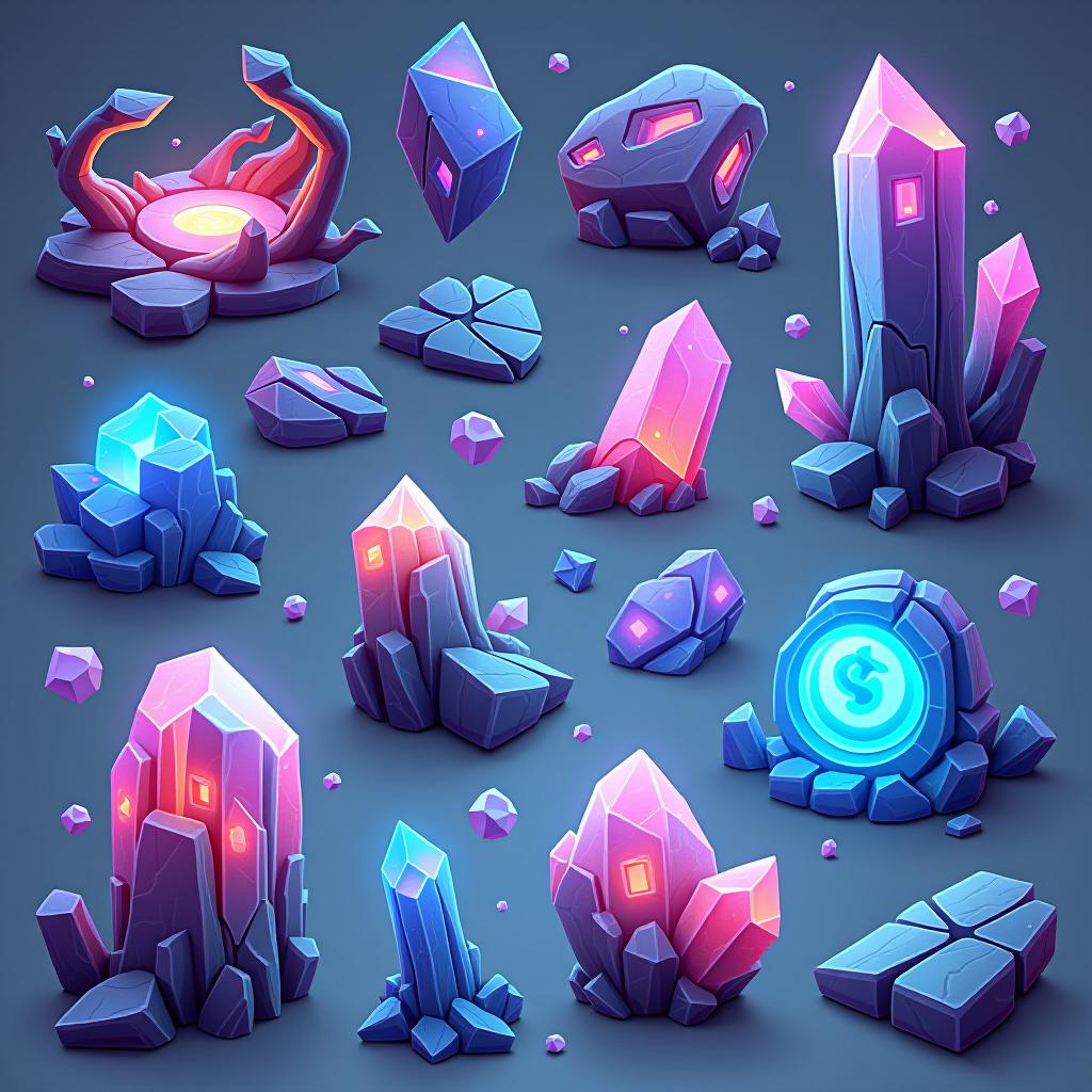  white background. a collection of assets and materials derived from a hyper realistic alien planet, featuring bioluminescent crystals, glowing organic matter, and fragments of unique architectural structures. each asset should reflect the same fantasy elements as the planet, with floating pieces, glowing edges, and a consistent color palette. include items like glowing rocks, mysterious plant life, and fragments of the planet's structures, all in a cartoon and disney style.