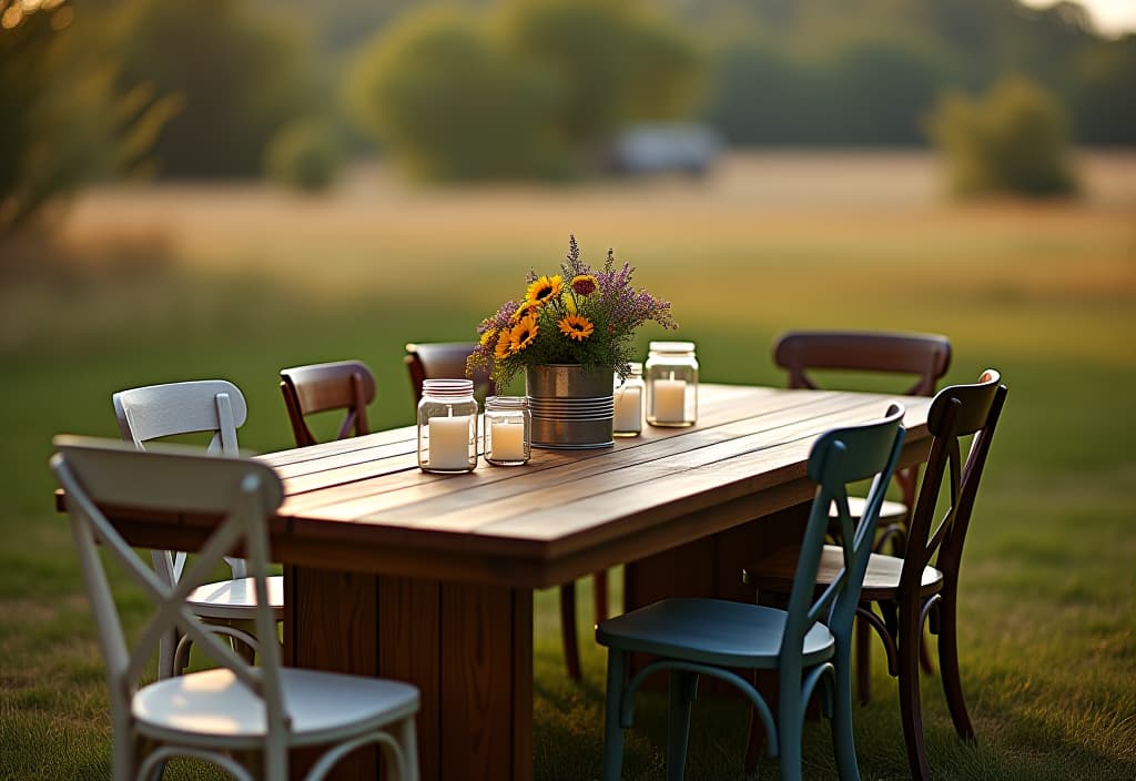  a landscape photo of an outdoor dining area featuring a large wooden table made from reclaimed barn wood, surrounded by mix and match vintage chairs, with mason jar candle holders and wildflowers in repurposed tin cans hyperrealistic, full body, detailed clothing, highly detailed, cinematic lighting, stunningly beautiful, intricate, sharp focus, f/1. 8, 85mm, (centered image composition), (professionally color graded), ((bright soft diffused light)), volumetric fog, trending on instagram, trending on tumblr, HDR 4K, 8K