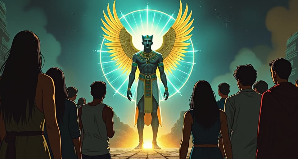  a gathering of astonished people, unable to comprehend, surrounding a figure whose aura radiates elemental resonance.. the style is digital art illustration / modern comic book / mysterious occult, symbolic, esoteric vibe,high detail on character design, incorporating ancient egyptian symbology and attire.