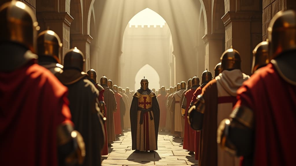  images about historical curiosities, a grand depiction of the newly founded kingdom of jerusalem, with templar knights receiving the king's blessing and shelter. hyperrealistic, full body, detailed clothing, highly detailed, cinematic lighting, stunningly beautiful, intricate, sharp focus, f/1. 8, 85mm, (centered image composition), (professionally color graded), ((bright soft diffused light)), volumetric fog, trending on instagram, trending on tumblr, HDR 4K, 8K