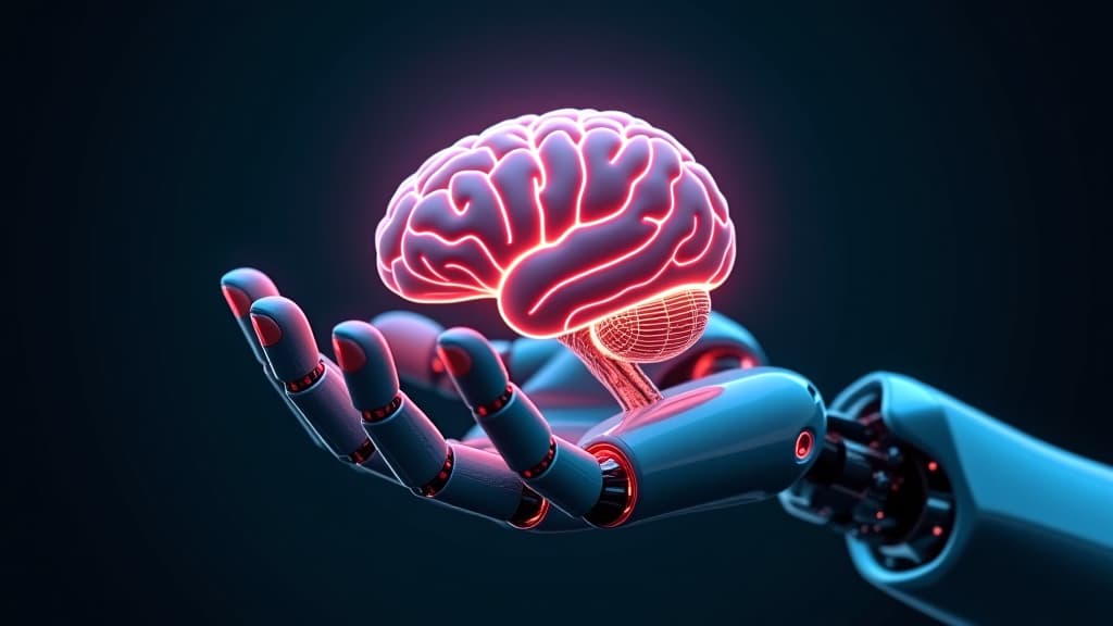  human brain in the hand of a robot. concept of artificial intelligence or machine learning.