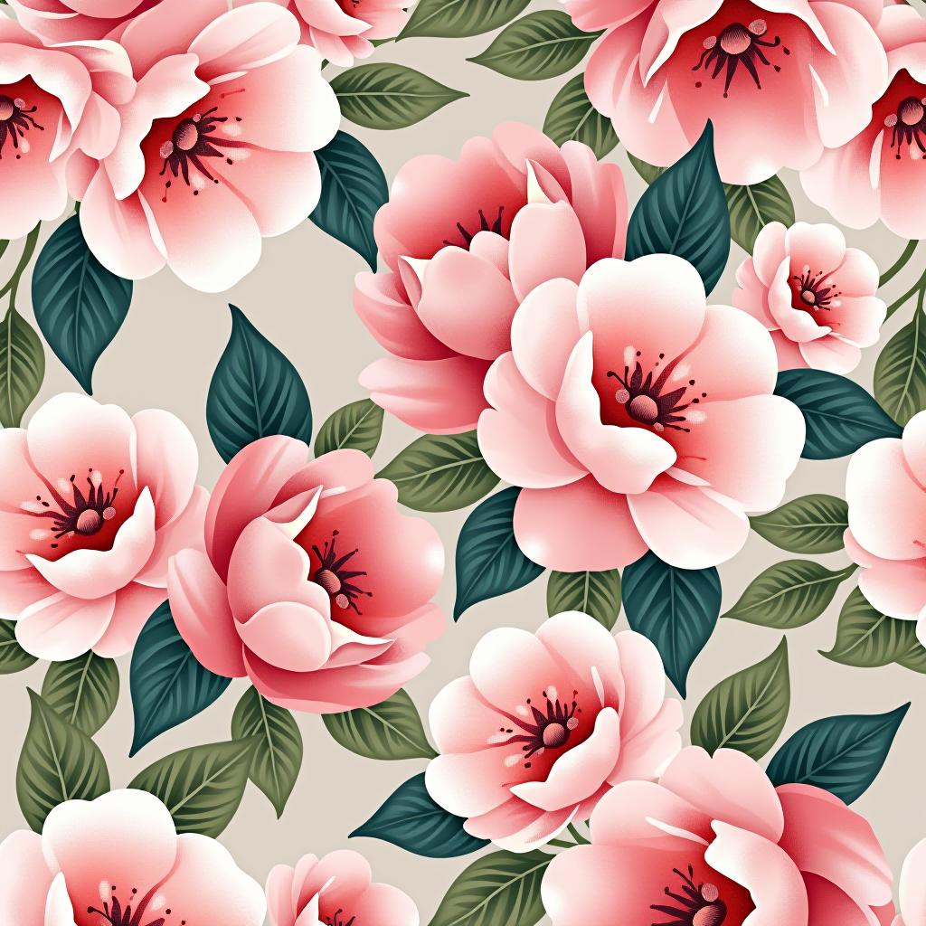  create a seamless digital design featuring a pattern of large, beautiful flowers with soft, watercolor like effects. the flowers should cover the entire surface, creating a bold, elegant, and continuous look. the overall style should be light and airy, with delicate leaves and petals to enhance the natural, floral theme. the design should be seamless to ensure it can be used in repeating patterns or wraps.