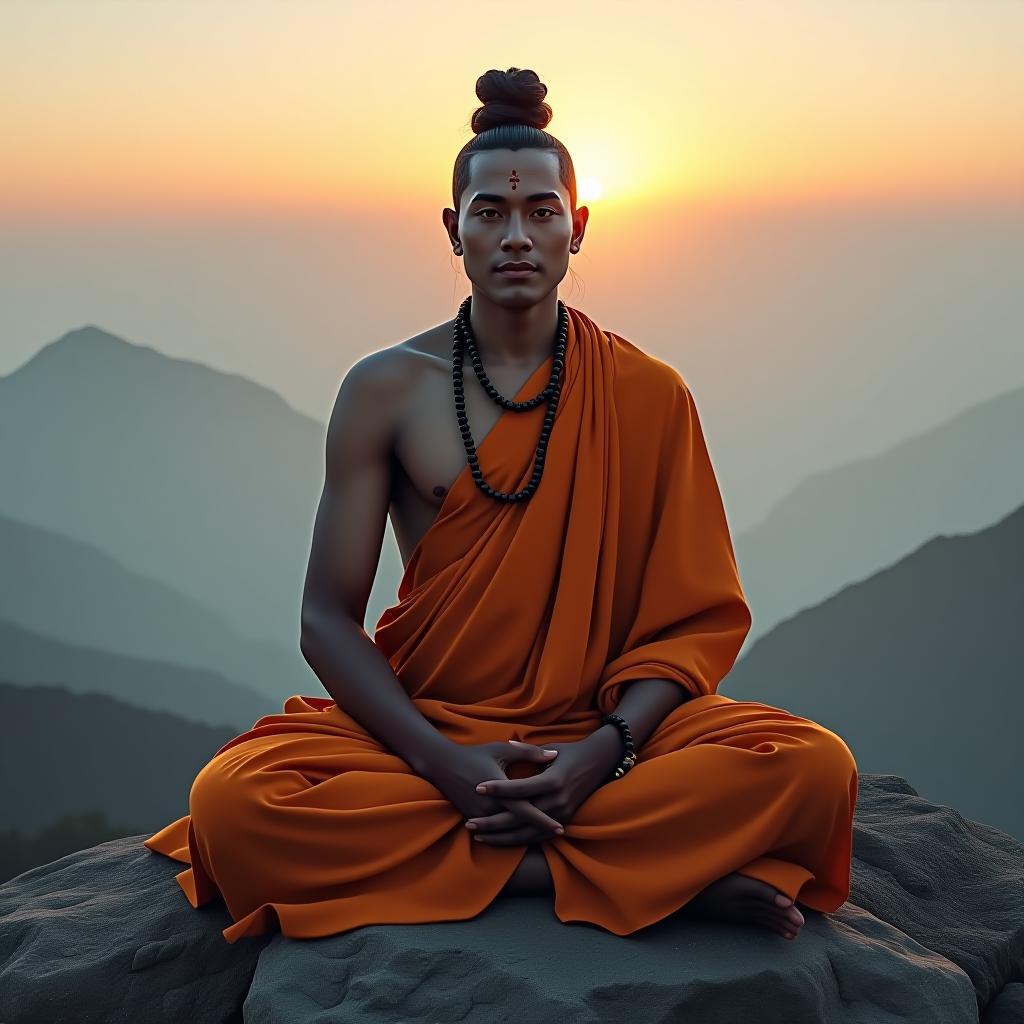  an ethereal portrayal of lord shiva as a serene monk, sitting cross legged on a mountaintop at dawn. he is clad in simple, saffron robes, with his matted hair tied into a topknot, and a rudraksha mala around his neck. the early morning light gently illuminates his peaceful face, emphasizing his calm and contemplative expression. the background features mist covered mountains and a softly glowing sky, symbolizing the tranquility and spiritual depth of the moment