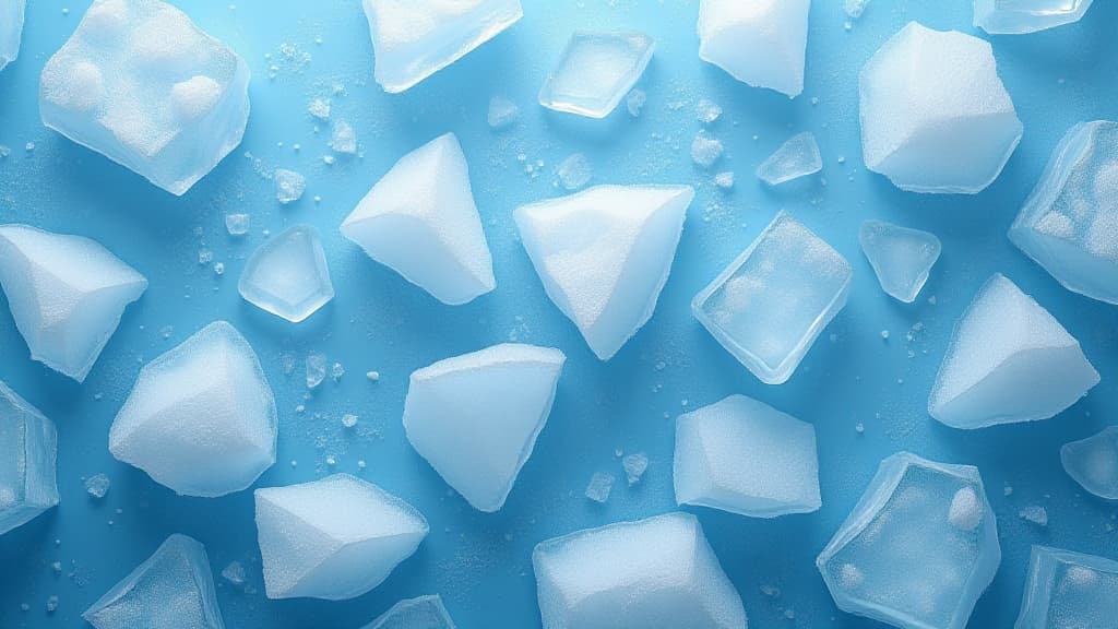  crushed pieces of ice with snow background texture; top view; natural blue color