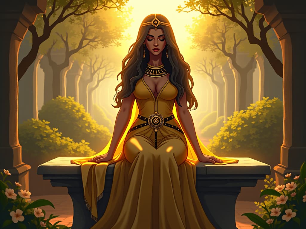  a large busted goddess in a form fitting golden gown, seated gracefully on a stone bench in an ancient, serene garden, trees and flowers all around, her expression calm and soothing, rays of golden sunlight filtering through, atmosphere of nurturing warmth and solace.. the style is digital art illustration / modern comic book / mysterious occult, symbolic, esoteric vibe,high detail on character design, incorporating ancient egyptian symbology and attire.