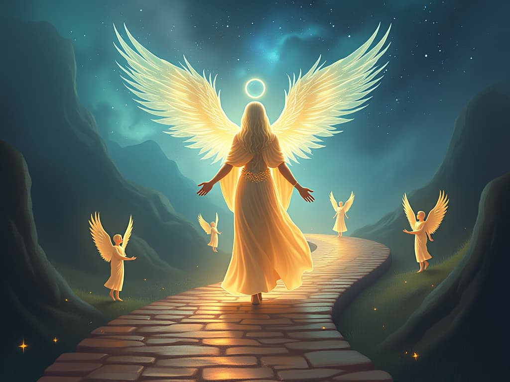  sacred journey is depicted with radiant mystic figure in glowing attire, traversing a path flanked by celestial beings in an ethereal setting.. the style is digital art illustration,highly detailed, whimsical,magical, dreamlike atmosphere, realism and fantasy blend, smooth, glossy textures,luminous quality, wonder and enchantment.