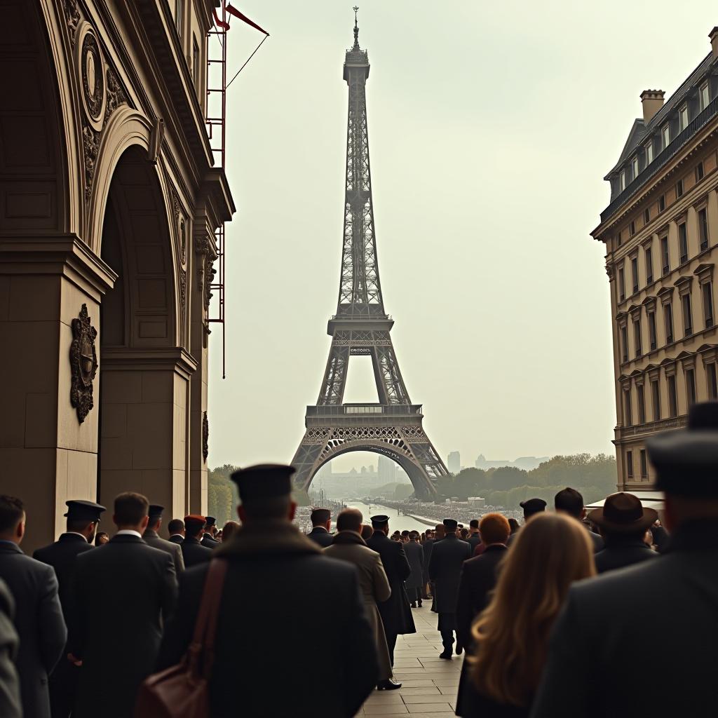  a photograph from [the opening of the eiffel tower in paris in 1889] captures the monumental occasion with a grand, historic ambiance. the image shows [the towering iron structure, still under construction, against a backdrop of a bustling parisian skyline]. crowds of people, dressed in late 19th century attire, are gathered around, marveling at the iconic new landmark. the photograph exudes a sense of excitement and wonder as [parisians celebrate the unveiling of this groundbreaking architectural feat]. hyperrealistic, full body, detailed clothing, highly detailed, cinematic lighting, stunningly beautiful, intricate, sharp focus, f/1. 8, 85mm, (centered image composition), (professionally color graded), ((bright soft diffused light)), volumetric fog, trending on instagram, trending on tumblr, HDR 4K, 8K