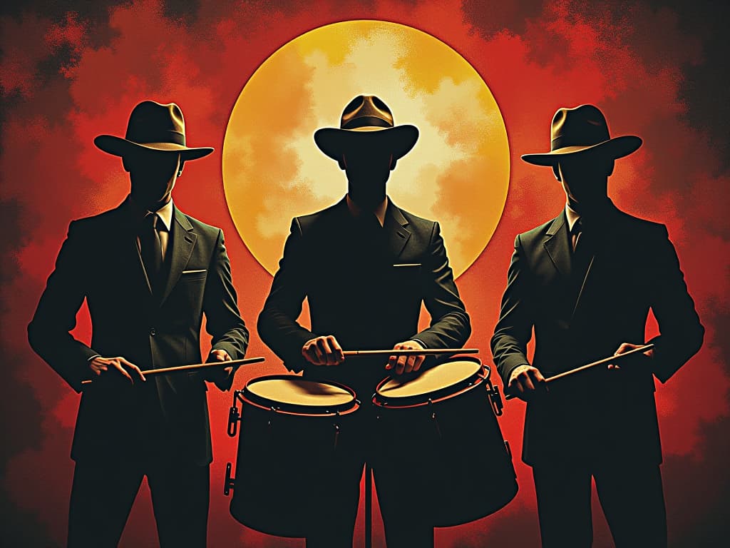  design a logo, in a surrealism style. 3 sombras de manos de hombres tocando tambores