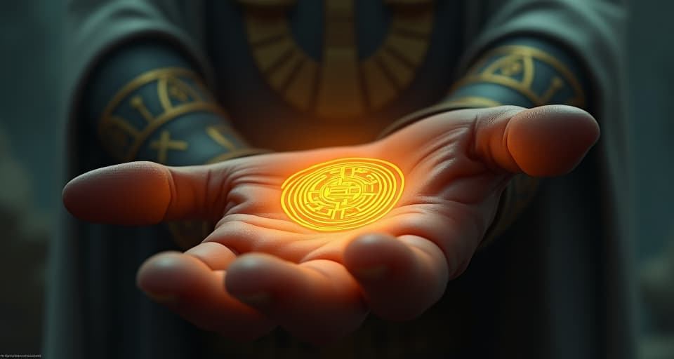  close up of a hand with a glowing, pulsing symbol etched into the palm, soft ethereal light, shadows cast by mysterious hieroglyphs, representing an ancient mark of protection. the style is digital art illustration / modern comic book / mysterious occult, symbolic, esoteric vibe,high detail on character design, incorporating ancient egyptian symbology and attire.